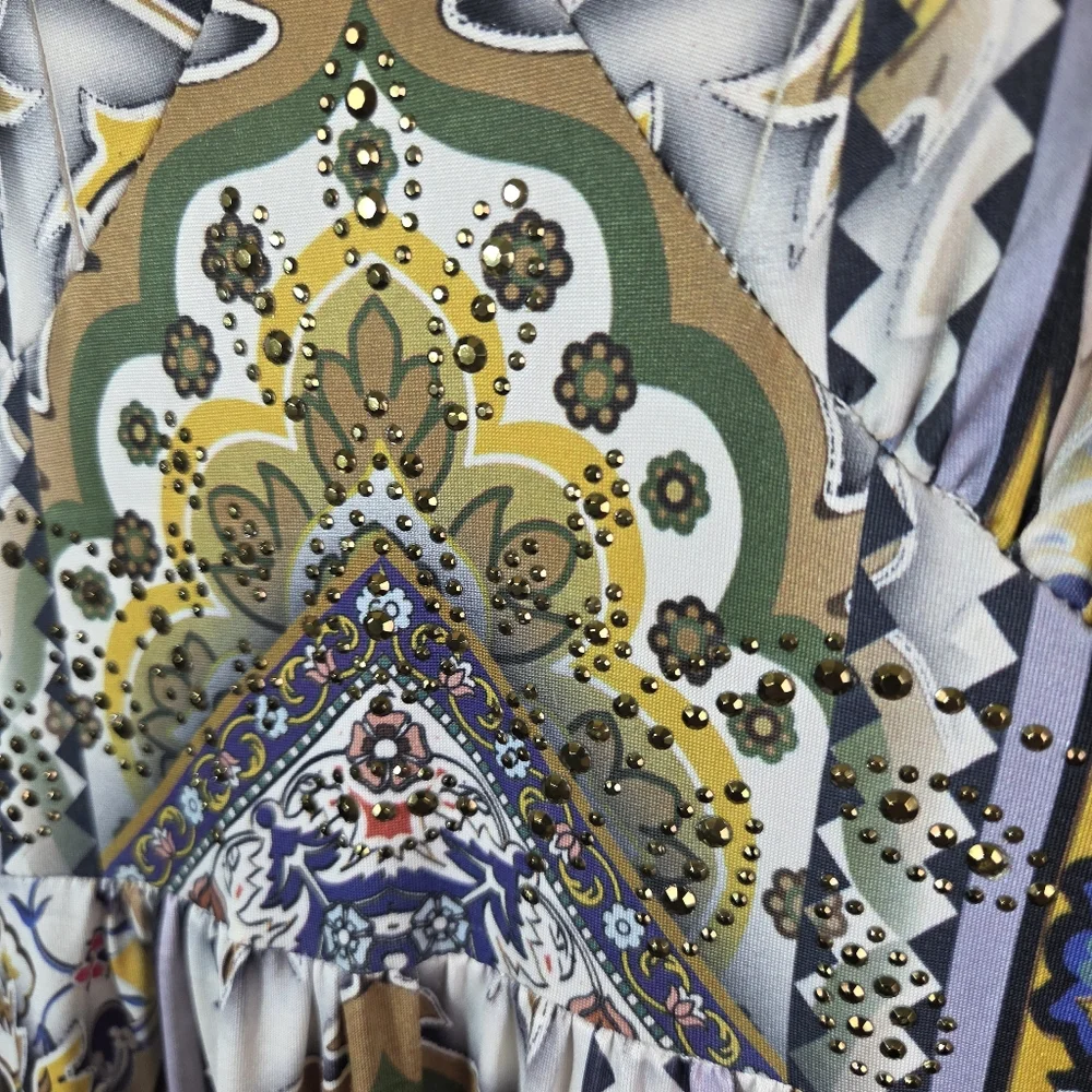 One World Womens XL Boho Maxi Dress Rhinestone Embellished Blue Lace Back - Picture 7 of 12